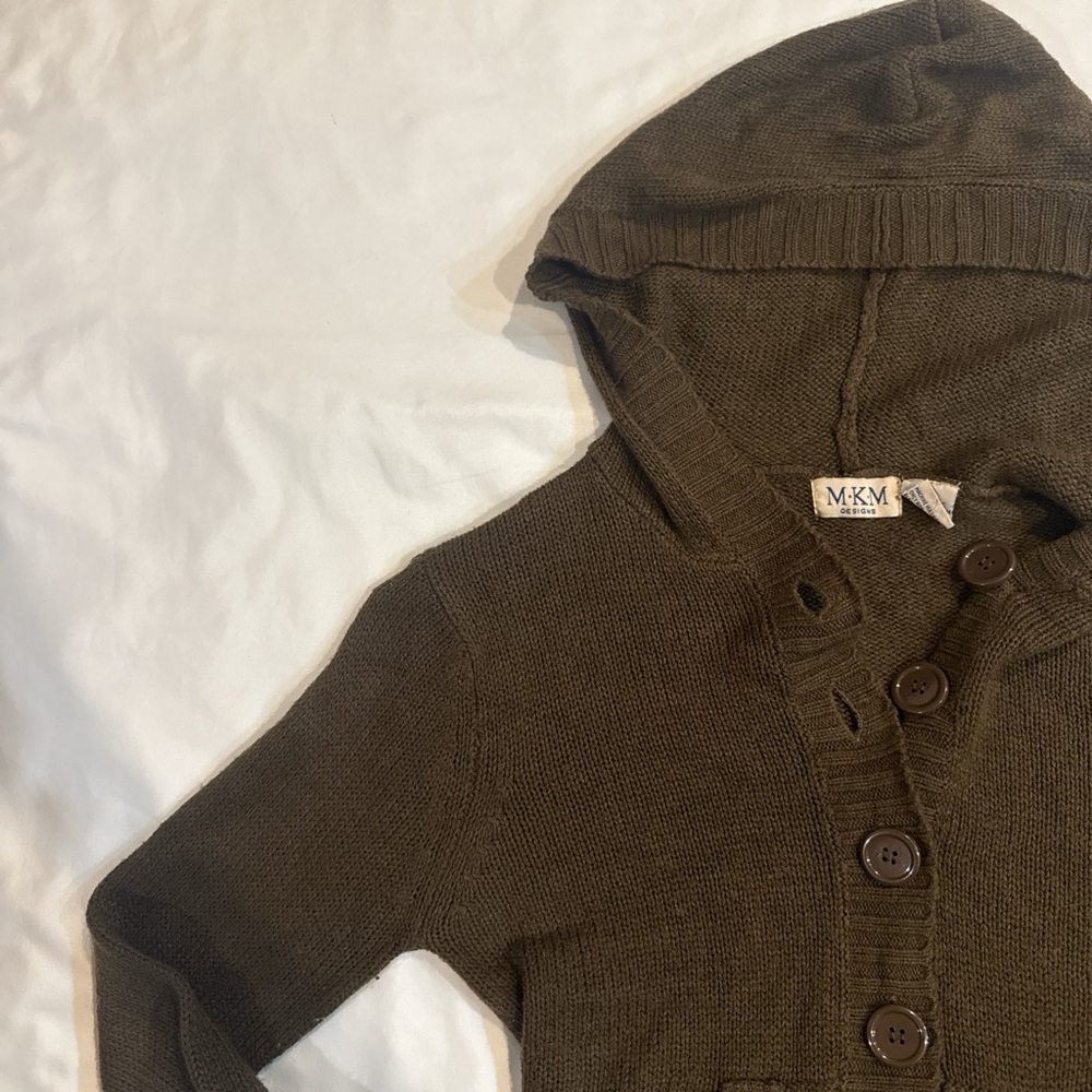 Brown MKM hooded cardigan with button-up front and pockets
